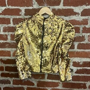 Alice + Olivia gold sequin puff sleeve crop top
